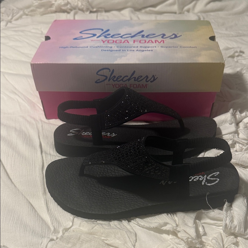 Skechers Black Glitter Sandals with Yoga Foam